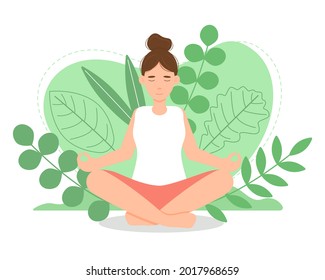 Woman meditates in nature. Concept illustration for yoga, meditation, healthy lifestyle. Vector illustration in flat style for web and print