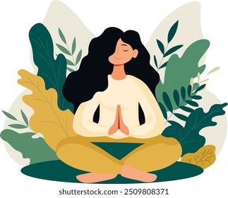 A woman meditates in nature and leaves. Conceptual illustration for yoga, meditation, relaxation, rest, healthy lifestyle. Vector illustration in flat cartoon style