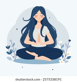 A woman meditates in nature and leaves. Conceptual illustration for yoga, meditation, relaxation, rest, healthy lifestyle. Vector illustration in flat cartoon