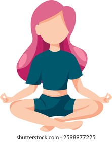 A woman meditates in nature and leaves. Conceptual illustration for yoga, meditation, relaxation, rest, healthy lifestyle. Vector illustration in flat cartoon style	