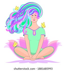A woman meditates in nature . The pose and the Lotus flower. The butterflies are yellow. Conceptual illustration for yoga, meditation, relaxation, relaxation, healthy lifestyle. Vector 