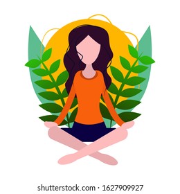 Woman meditates in nature and the sun.Concept illustration for yoga