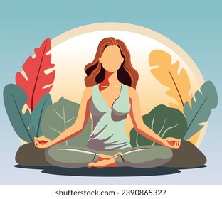A woman meditates on the mat doing yoga with flower and leaf flat vector in mental health care concept