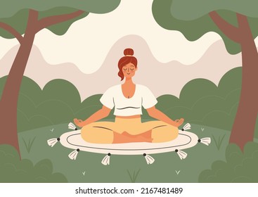 Woman meditates on a meadow in the park. Self time concept illustration