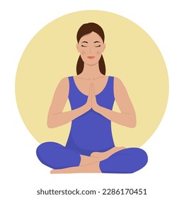 A woman meditates on a white background. Meditation with closed eyes. The concept of inner harmony and mental health. Vector illustration