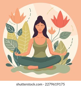 A woman meditates in a pastel background with flowers and leaves. Conceptual illustration for yoga, meditation, relaxation, rest, healthy lifestyle. Vector cartoon flat illustration