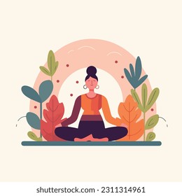 A woman meditates in a pastel background with flowers and leaves. Conceptual illustration for yoga, meditation, relaxation, rest, healthy lifestyle. Vector cartoon flat illustration