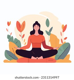 A woman meditates in a pastel background with flowers and leaves. Conceptual illustration for yoga, meditation, relaxation, rest, healthy lifestyle. Vector cartoon flat illustration