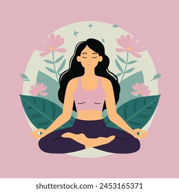 A woman meditates in a pastel background with flowers and leaves. Conceptual illustration for yoga, meditation, relaxation, rest, healthy lifestyle. Vector cartoon flat illustration