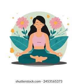 A woman meditates in a pastel background with flowers and leaves. Conceptual illustration for yoga, meditation, relaxation, rest, healthy lifestyle. Vector cartoon flat illustration