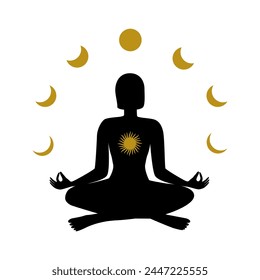 A woman meditates. Phases of the moon around the body. Composition in heavenly style. Vector illustration.