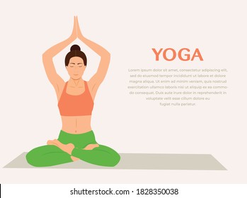 La mujer medita. Mujer practicando yoga en tapete. Banner moderno con ilustración de una mujer haciendo ejercicio de yoga. Niña sentada en una pose de Sukhasana o postura de Namaste Padmasana. Ilustración de vectores asana de yoga