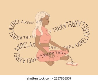 Woman meditates, relaxes in the lotus position using her smartphone. Meditation app. Flat illustration. Concept art. Music for meditation and relaxation.