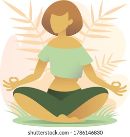 A woman meditates sitting in a lotus pose in the park. A girl practices yoga outdoor. Minimal flat illustration in pastel colors.