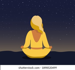 
A woman meditates under the night starry sky. Vector illustration