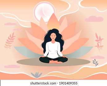 Woman meditates yoga and lotus flower. Spiritual practice for body and mind, relaxation and rest. Vector yoga illustration. Self-improvement for wellness and health.