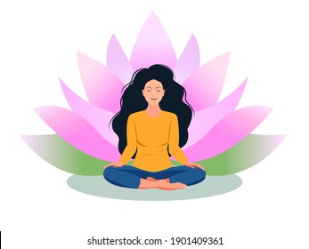 Woman meditates yoga and lotus flower. Spiritual practice for body and mind, relaxation and rest. Vector yoga illustration. Self-improvement for wellness and health.