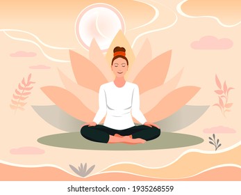 Woman meditates yoga and lotus flower. Spiritual practice for body and mind, relaxation and rest. Vector yoga illustration. Self-improvement for wellness and health.