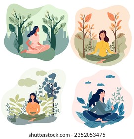 A woman meditates in a yoga lotus position surrounded by leaves and flowers. Concept of yoga practice, meditative relaxation, healthy lifestyle, leisure and wellness support. Vector.