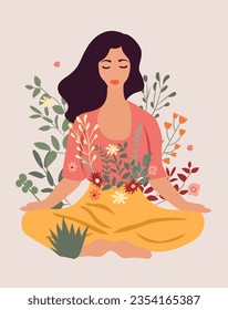 A woman meditates in a yoga lotus position surrounded by leaves and flowers. Concept of yoga practice, meditative relaxation, healthy lifestyle, leisure and wellness support. Vector.