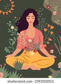 A woman meditates in a yoga lotus position surrounded by leaves and flowers. Concept of yoga practice, meditative relaxation, healthy lifestyle, leisure and wellness support. Vector.