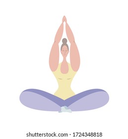 A woman meditates. A young girl meditates in the Lotus position. Yoga classes at home. Maintaining psychological health. Psychological balance. The positivity of the body.
