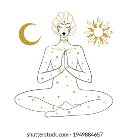 The woman is meditating, against the background of the sun, the moon and the stars. Linear drawing, concept of peace of mind, relaxation, mental health, esotericism and witchcraft. Vector boho tattoo 