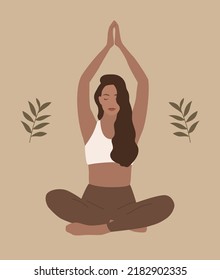 Mujer meditando. Ilustración mínima al estilo Boho. La atención. Vector