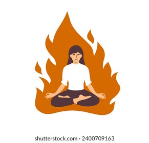 Mujer meditando en llama ardiente. Autocuidado en emergencias, presión del tiempo, estrés del plazo. Niña relajada sentada dentro del fuego en pose de yoga. Equilibrio vital femenino. Ilustración vectorial del arte del bienestar mental