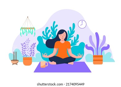 Woman meditating to calm her mind from the stress of work or life Meditation is an activity that is gaining in popularity as a way to maintain good mental health.