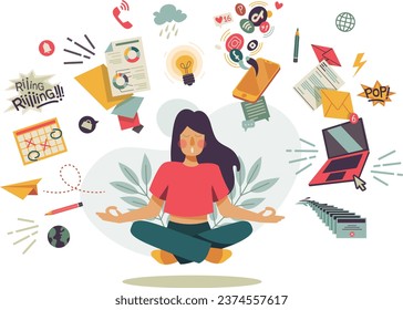 Woman meditating in calm, with mental load. Concept illustration for meditation and healthy lifestyle. Vector illustration Separated on a white background.