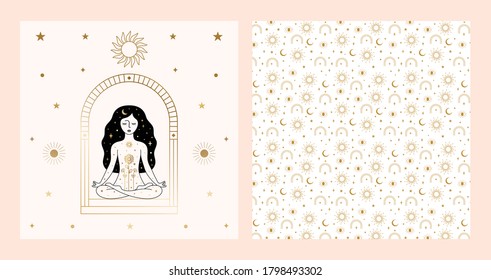 Woman Meditating Card Design in Vector.
