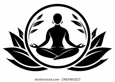 A woman is meditating in a circle surrounded by leaves