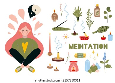 Woman meditating with closed eyes and croosed legs. Meditation practice set. Concept of zen and harmony, relax, recreation, healthy lifestyle. Vector illustration in flat cartoon style.