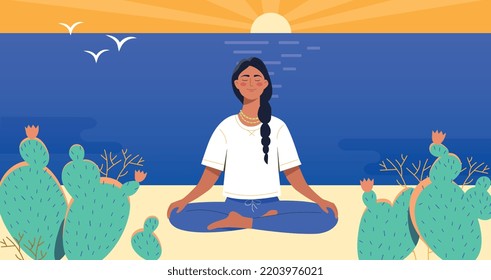 Woman meditating concept. Girl sits in lotus position. Inner balance and calmness, concentration and attention. Sport, fitness and yoga. Character sitting on beach. Cartoon flat vector illustration