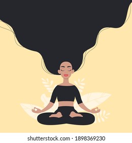 Woman meditating. Concept illustration for yoga, meditation, healthy lifestyle, relax. Background with leaves. 