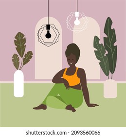 Woman meditating. Concept illustration for yoga, meditation, relaxation, healthy lifestyle. Pastel shades. Vector illustration, flat.