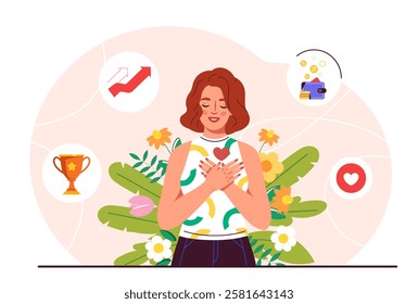 Woman meditating concept. Mental and psychological health. Awareness and mindfulness. Productivity and efficiency. Planning and goal setting, motivation. Flat vector illustration