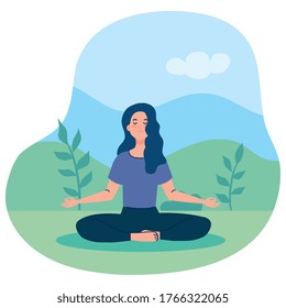 woman meditating, concept for yoga, meditation, relax, healthy lifestyle in landscape vector illustration design