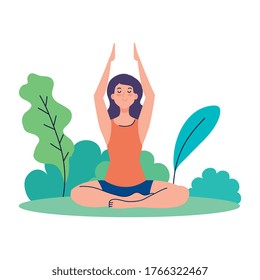 woman meditating, concept for yoga, meditation, relax, healthy lifestyle in landscape vector illustration design