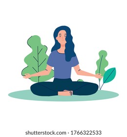 meditación de mujeres, concepto de yoga, meditación, relajación, estilo de vida saludable en el diseño de ilustraciones de vectores de paisaje