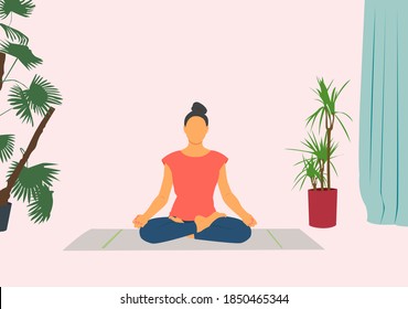 Woman meditating in cross legged lotus posture indoor in her house or apartment with plants and trees in her room. Concept flat vector cartoon illustration for yoga, meditation, healthy lifestyle