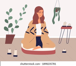 Mujer meditando en postura de piernas cruzadas sobre cojín de yoga. Persona relajada practicando la atención o meditación vipassana y ejercicios de control del aliento en casa. Ilustración vectorial plana de color