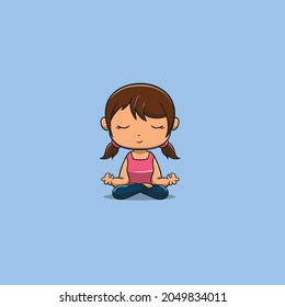 Woman meditating cute character vector icon illustration, people Icon Concept Isolated. Flat Cartoon Style Suitable for Web Landing Page, Banner, Flyer, Sticker, Card
