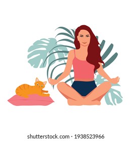 Woman meditating and cute ginger cat lying on pillow. Concept illustration for yoga, meditation, relax, recreation, healthy lifestyle. Vector illustration in flat cartoon style