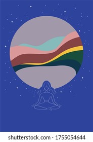 Woman meditating in the darkness, vector illustration. The art of zen meditation, spiritual practice, mindfulness, breathing, and yoga.