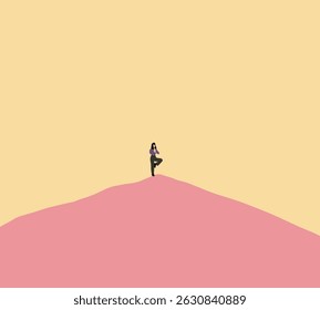 Woman meditating doing yoga breathing stretching exercises standing on the mountain in nature park outdoors in sunny morning.