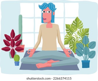 A woman meditating or doing yoga or Pilates. An illustration in an original abstract cubist flat modern cartoon style.