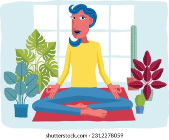 A woman meditating or doing yoga or Pilates. An illustration in an original abstract cubist flat modern cartoon style.