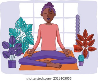 A woman meditating or doing yoga or Pilates. An illustration in an original abstract cubist flat modern cartoon style.